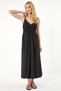 Roman Black Crochet Strappy Midi Dress