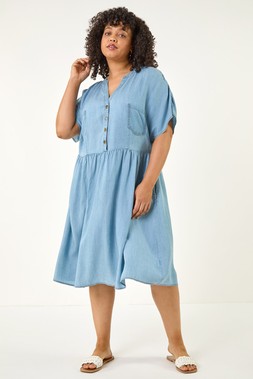 Roman Blue Curve Buttoned Shirt Dress