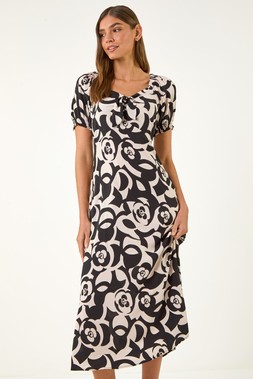 Roman Ivory Rose Print Ruched Midi Dress