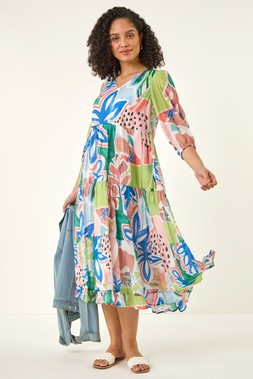 Roman Abstract Print Tiered Dress