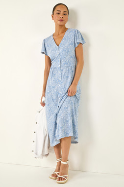 Roman Petite Blue Abstract Spot Midi Dress