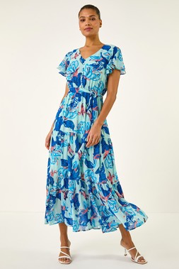 Roman Blue Floral Tiered Tie Waist Dress