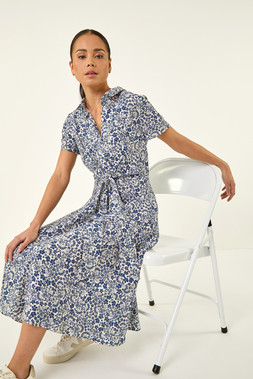 Roman Petite Blue Ditsy Tie Front Midi Dress