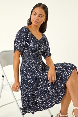Roman Petite Navy Ditsy Spot Frill Dress