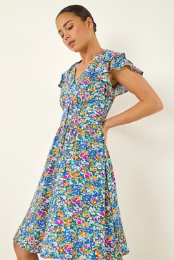 Roman Petite Blue Ditsy Floral Button Dress