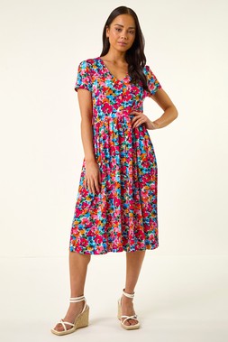 Petite Pink Floral Button Pocket Dress