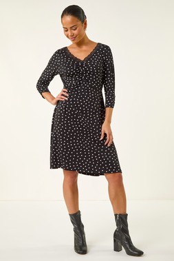 Roman Petite Black Polka Dot Lace Trim Dress