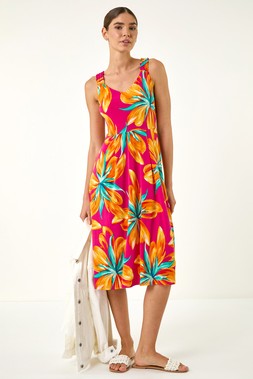 Roman Fuchsia Floral Print Shirred Back Midi Dress