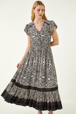 Roman Black Paisley Print Buttoned Midi Dress