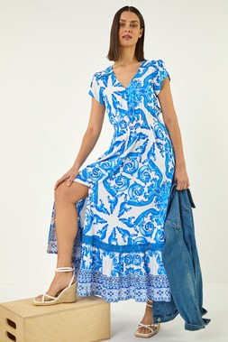 Roman Border Print Button Dress