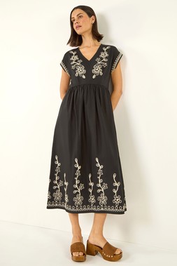 Roman Black Embroidered V-Neck Midi Dress