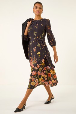 Roman Border Print Pleated Midi Dress