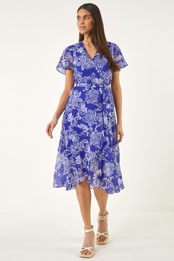 Roman Blue Floral Print Wrap Dress