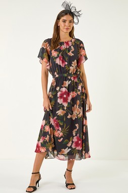 Roman Black Floral Split Sleeve Midi Dress