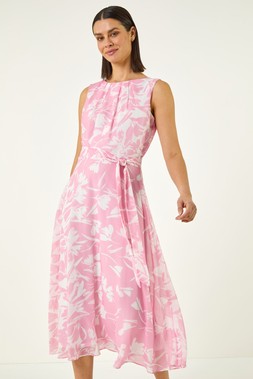 Roman Floral Chiffon Pleat Neck Dress