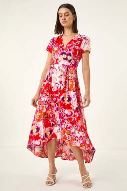 Roman Red Abstract Print Belted Midi Dress