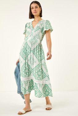 Roman Mint Lace Detail V-Neck Midi Dress