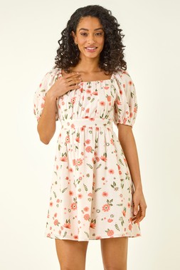 Dusk Ivory Floral Print Shirred Dress