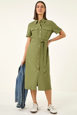 Roman Khaki Button Belted Collared Shirt Dress
