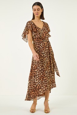 Roman Animal Print Wrap Chiffon Midi Dress