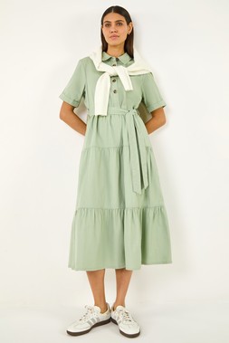 Roman Sage Button Detail Tiered Midi Dress