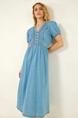 Roman Denim Cotton Crochet Trim Dress