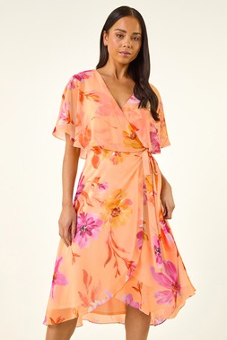 Petite Peach Floral Tie Front Cape Dress