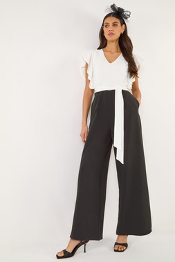 Roman Black Colour Block V-Neck Stretch Jumpsuit