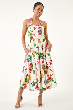 Roman Petite Ivory Tropical Print Strap Midi Dress
