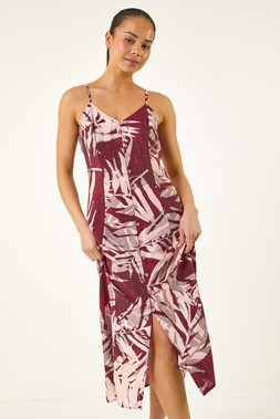 Roman Petite Wine Leaf Print Button Midi Dress