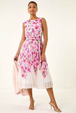 Roman Floral Pleated Midi Dress