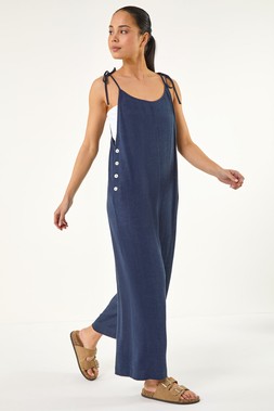 Roman Petite Navy Strappy Tie Button Jumpsuit