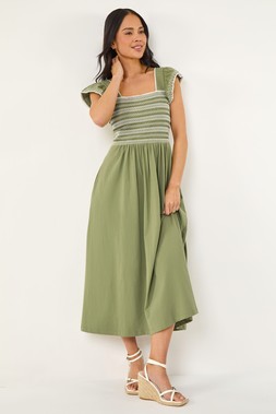 Roman Petite Khaki Contrast Shirred Midi Dress