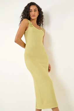Dusk Lime Flower Embroidered Knit Midi Dress