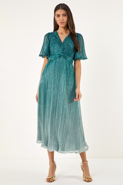 Roman Teal Ombre Plisse Midi Dress