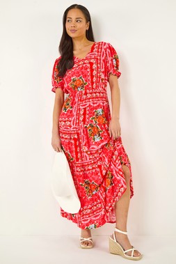 Roman Petite Red Abstract Print Midi Dress