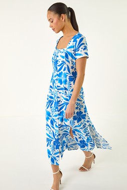 Roman Petite Blue Floral Button Front Midi Dress