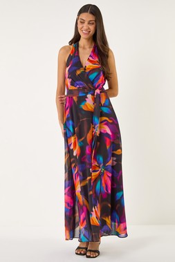 Roman Black Floral Print Halter Neck Maxi Dress