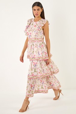 Roman Floral Border Print Frill Maxi Dress