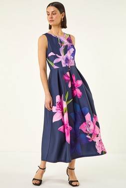 Roman Purple Floral Premium Stretch Midi Dress