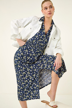 Roman Navy Ditsy Print V-Neck Midi Dress
