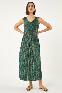 Roman Paisely Leaf Print Shirred Midi Dress