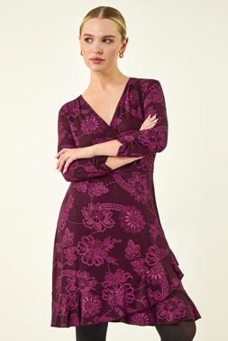 Roman Petite Magenta Floral Frill Wrap Dress