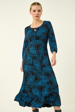 Roman Petite Blue Feather Print Keyhole Midi Dress