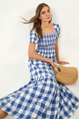 Roman Blue Check Print Shirred Midi Dress
