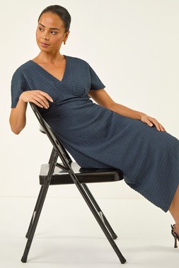 Roman Petite Grey Textured V-Neck Stretch Midi Dress