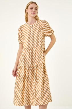 Roman Geo Camel Print Button Shirt Midi Dress
