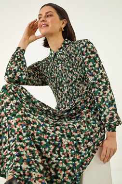 Roman Green Speckled Print Shirred Midi Dress