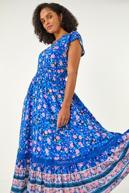 Roman Royal Blue Floral Border Print Midi Dress