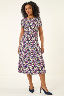 Roman Petite Navy Floral Twist Front Midi Dress